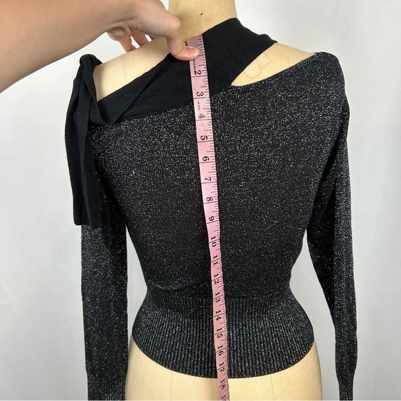 Ramy Brook New York Silver Metallic Shiny Knit Black Tie Neck Sweater - Picture 7 of 10